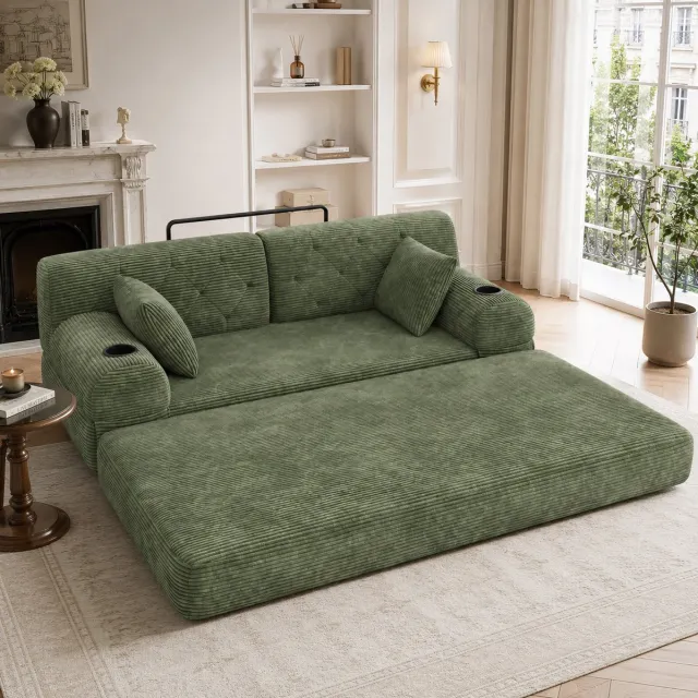 STILVORA Slaapbank 168 Cm - 2 Zits Met Hoge Rugleuning En Bekerhouders - Voor Woonkamer En Kleine Ruimtes - Cord Groen
