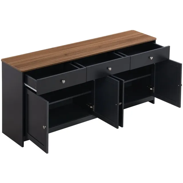 Merax Dressoir 160 cm – Met 4 Deuren & 3 Lades – Buffetkast in Houtlook & Grijs-Zwart – Voor Woonkamer & Eetkamer Zwart; Grijs