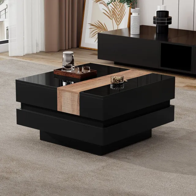 Wishdor Salontafel - Uitschuifbaar Blad - Verborgen Opbergruimte - Minimalistisch - Woonkamer - Zwart - 70 X 70 X 39 Cm