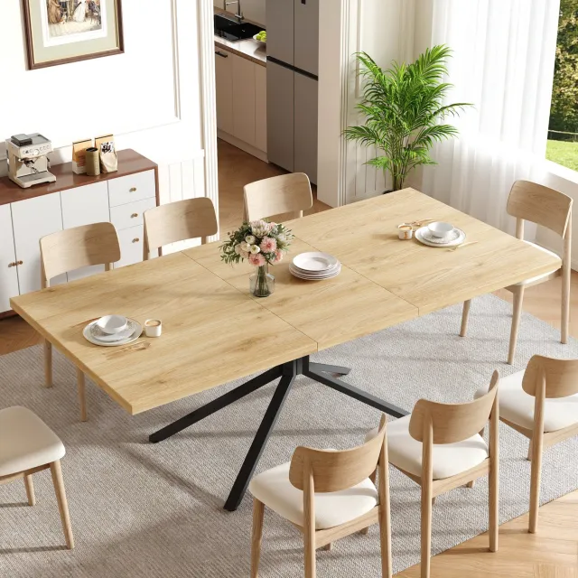 MIVRAY Eettafel - Uitschuifbaar Voor 4 Tot 6 Personen - Zwart Metalen Steronderstel - MDF Licht Eiken - 120 Tot 160 x 90 x 75 Cm Houtkleur