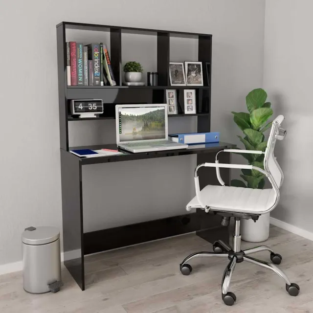 vidaXL Bureau met schappen 110x45x157 cm bewerkt hout hoogglans zwart, foto 2