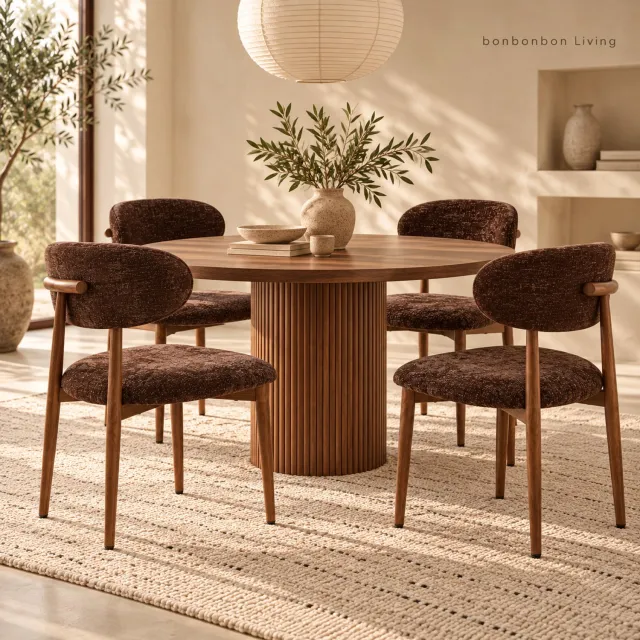 BonBonVibes BONBON LIVING Eetkamerstoelen Set van 4 – Donkerbruin Velvet – Japandi Eetstoelen met Walnootkleurige Poten – Japanse Stijl – Moderne Gestoffeerde Stoelen voor Eetkamer & Woonkamer