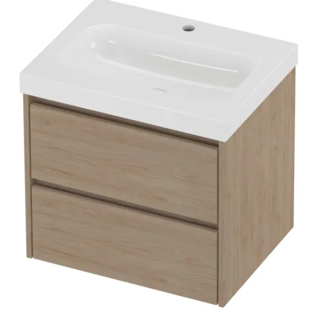 Proline Haga Badmeubelset Polystone Mezza 1 Kraangat Symmetrisch 60x46x58 cm Glans Wit Ideal Oak Eiken
