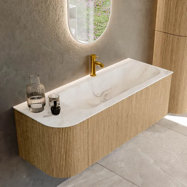 Mondiaz KURVE-DLUX 125 cm Onderkast Greeploos 1 Lade Met Deuren Oak, Wastafel Solid Surface Rechts Frappe 1 Kraangat Zonder Spiegel (KRVBGM125L1L1D1KR-Oak/Fra)