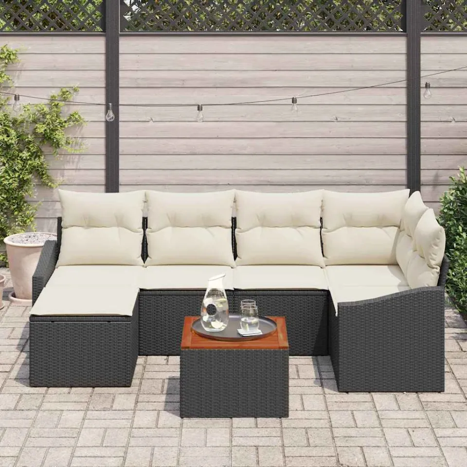 vidaXL Tuinbankenset 7 st Zwart en Crème poly rattan, foto 3