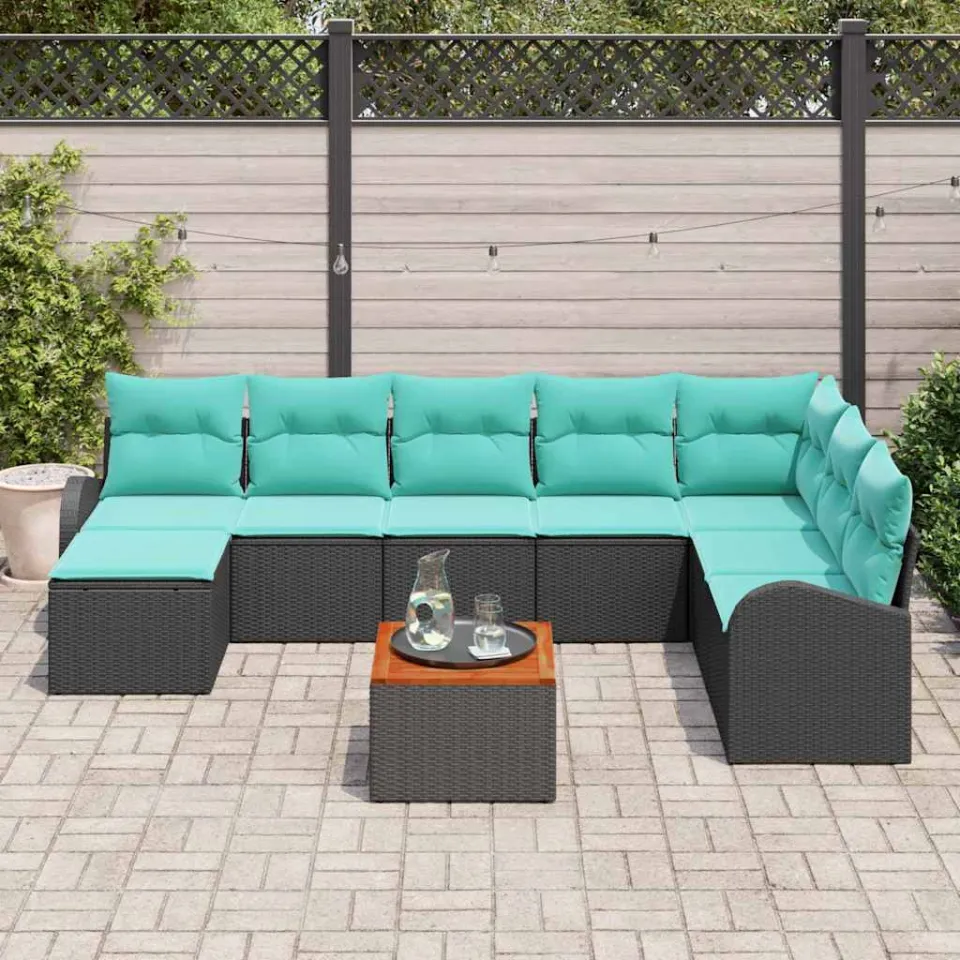 vidaXL Tuinbankenset 9 st Zwart en Turquoise poly rattan, foto 3