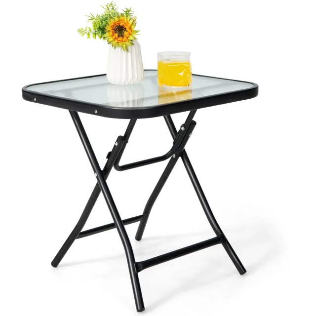 Costway Patio Bistrotafel, 46,5cm Vierkante Eettafel met Roestvrij Frame, Opvouwbare Koffietafel met Gehard Glazen Tafelblad, Draagbare Bistro Tafel voor Patio, Balkon, Achtertuin, Zwembad, Zwart