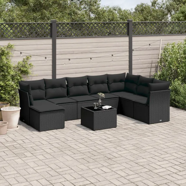 vidaXL 9-delige Loungeset met kussens poly rattan zwart, foto 2
