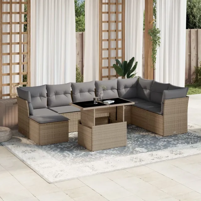 vidaXL 9-delige Loungeset met kussens poly rattan beige, foto 2