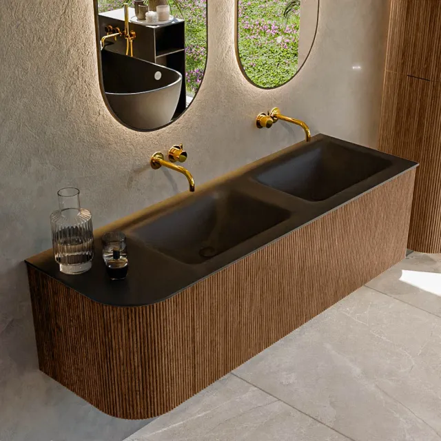 Mondiaz KURVE 145 cm Onderkast Greeploos 1 Lade Met Deuren Walnut, Wastafel Solid Surface Rechts Urban 2 Kraangaten Zonder Spiegel (KRVCLO145L1L1D2KD-Wal/Urb)