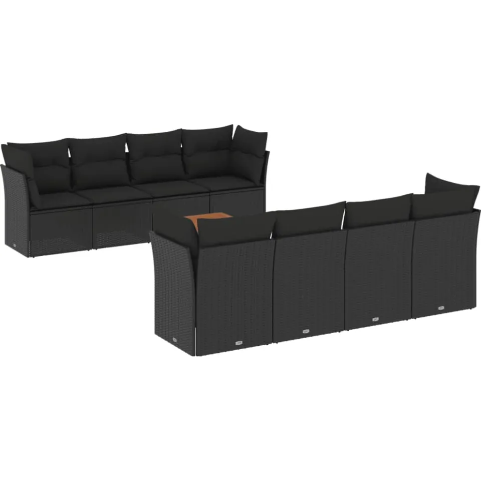 vidaXL 9-delige Loungeset met kussens poly rattan zwart