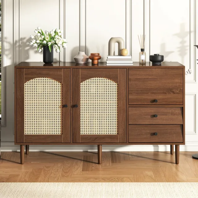 Sweiko Sideboard Met rotan inzetstuk, breedte 130 cm, met drie deuren en twee onregelmatige laden 130*75.5*40 cm Bruin