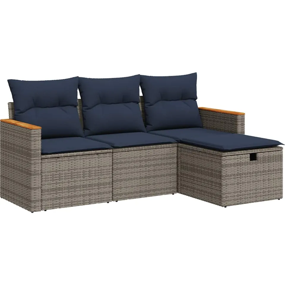 vidaXL 4-delige Loungeset met kussens poly rattan grijs, foto 3