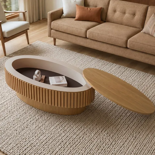 STILVORA Salontafel - Ovaal Met Verborgen Opbergruimte - Geribbeld Design Voor Woonkamer En Slaapkamer - Hout En MDF - 98x60x35 Cm - Natuurlijke Houtkleur Natuurlijk hout