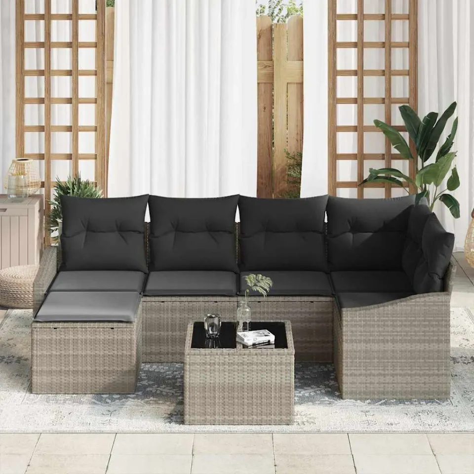 vidaXL Tuin Eetset 7 st Lichtgrijs Poly Rattan en Poedergecoat Staal, foto 3