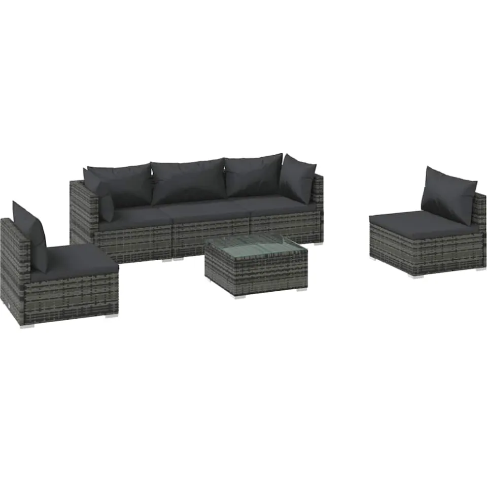 vidaXL 6-delige Loungeset met kussens poly rattan grijs, foto 4