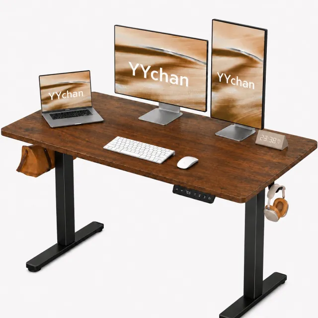 YYchan Zit Sta Bureau Elektrisch 120x60 - Gaming Bureau - Elektrisch verstelbaar - Eendelig tafelblad - Geheugenbediening, Stabiel T-Frame, met Koptelefoonhaak - Hoogteverstelbaar 72–118 cm - Walnoot Zwart