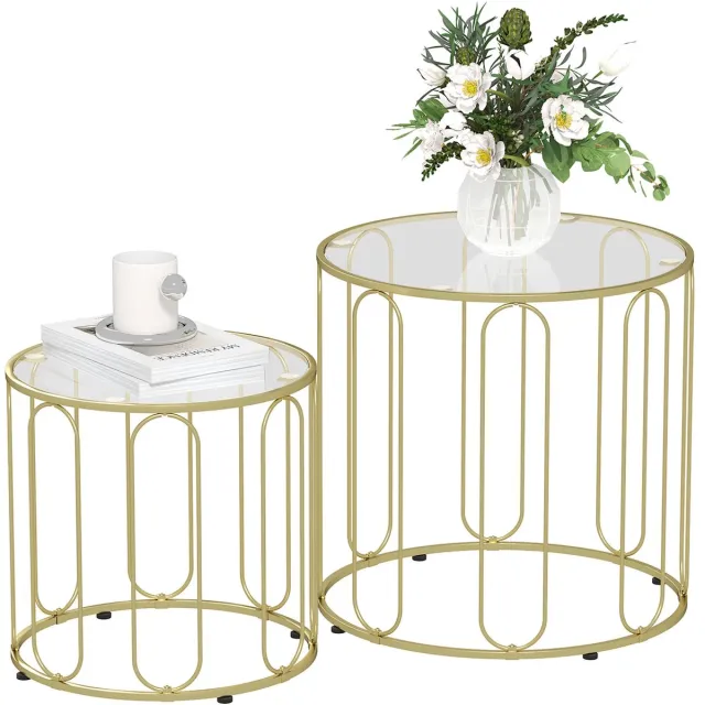 Homcom Set Van 2 Ronde Bijzettafels - Bijzettafel - Bijzettafels - Bijzettafeltjes Woonkamer - Bijzettafel Bank - Smalle Consoletafel - Entree Tafel - Tafel - Tafeltje - Side Table - Sidetable Goud