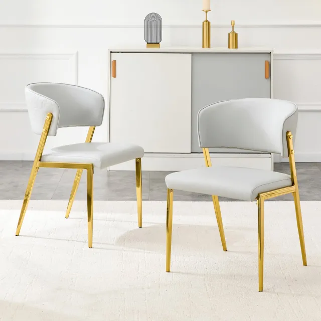 REDOM Eetkamerstoelen set van 2 - Gewatteerde zitting en gebogen rugleuning - Met armleuningen - Metalen onderstel - Kunstleer - Lichtgrijs - 51 x 49 x 78 cm