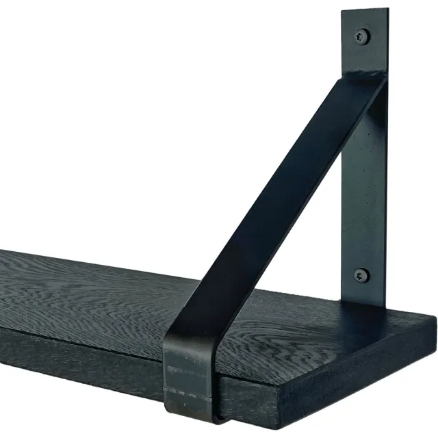 GoudmetHout Wandplank Industrieel - 200 x 20 cm Muurplank - Zwart Eiken Hout - Decoratie Wandrek & Boekenrek - Hangplank Keuken - Wall Shelf + 2 Mat Blanke Plankdragers van Staal Zwart - Mat blank - 20 cm
