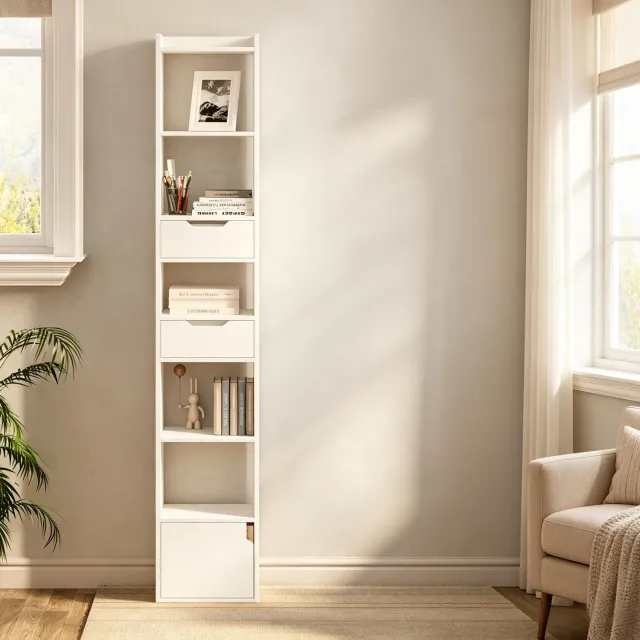 CHICFURN Boekenkast - Opbergruimte - 6 open vakken, 2 laden en 1 deurvak - Wit