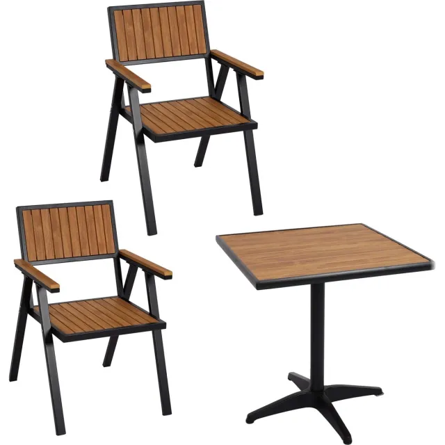 Cosmo Casa Set van 2 Tuinstoelen - Tuintafel - Stoeltafel - Gastro Outdoor Coating - Aluminium - Houtlook - Zwart - Teak Zwart-Bruin
