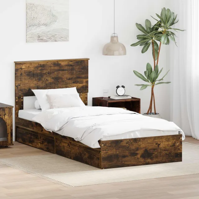 vidaXL Opslag bed met lade Gerookt eiken 90 x 200 cm Bewerkt hout Bruin