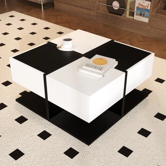 HAUSS SPOLE Salontafels - Koffietafel Hoogglans Vierkant Met 2 Laden En Kleurenblok - 70x70x35,5 cm - Spaanplaat - Zwart