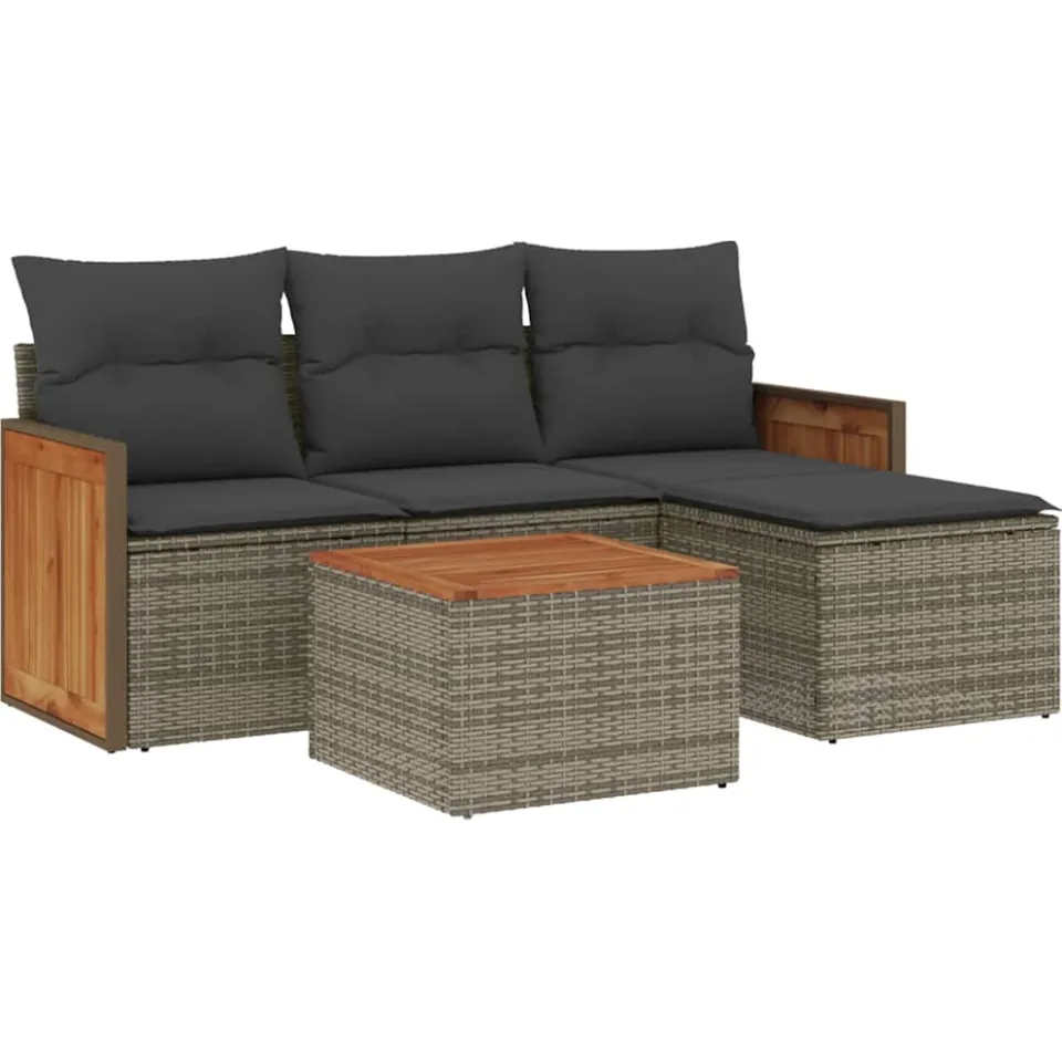 vidaXL 5-delige Loungeset met kussens poly rattan grijs, foto 3
