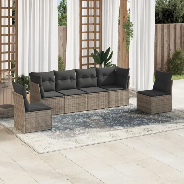 vidaXL 6-delige Loungeset met kussens poly rattan grijs, foto 2