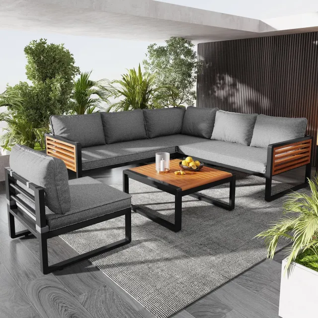 Clruro Tuinlounge-Set - 5-6 Personen - Verzinkt Staal - Houten Armleuningen - Modern - Grijs