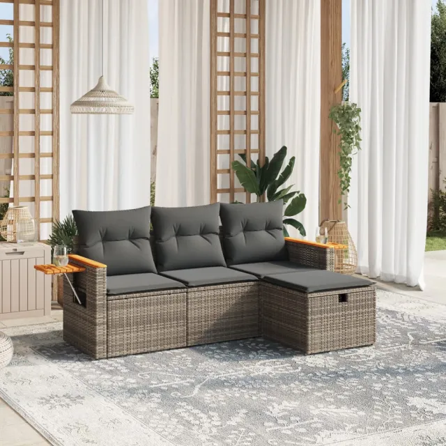 vidaXL 4-delige Loungeset met kussens poly rattan grijs, foto 2
