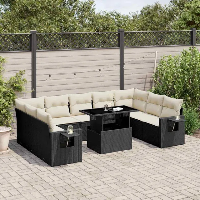 vidaXL 10-delige Loungeset met kussens poly rattan zwart, foto 2