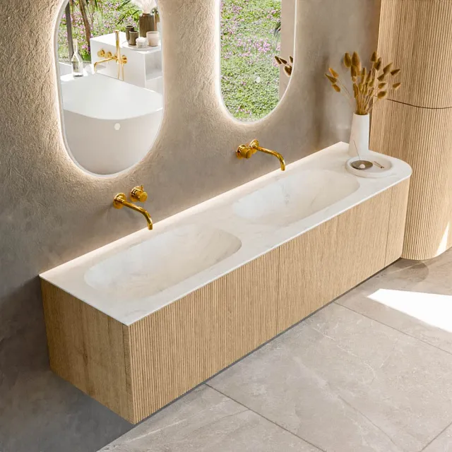 Mondiaz KURVE-DLUX 175 cm Onderkast Greeploos 2 Lades Met Deuren Oak, Wastafel Solid Surface Links Opalo 0 Kraangaten Zonder Spiegel (KRVSTS175R2L1D0KD-Oak/Opa)