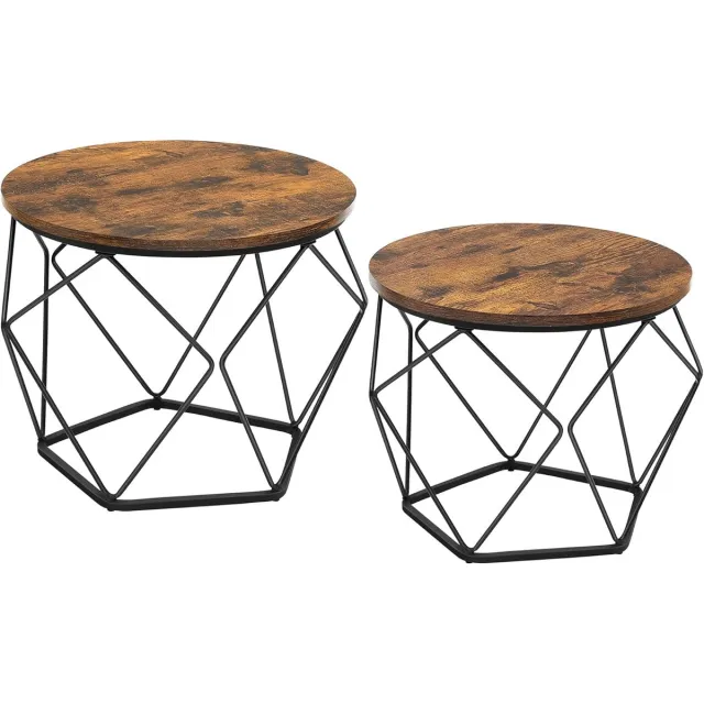 Songmics Salontafel – Rond – Set van 2 – Vintage flair – Bruin/Inktzwart