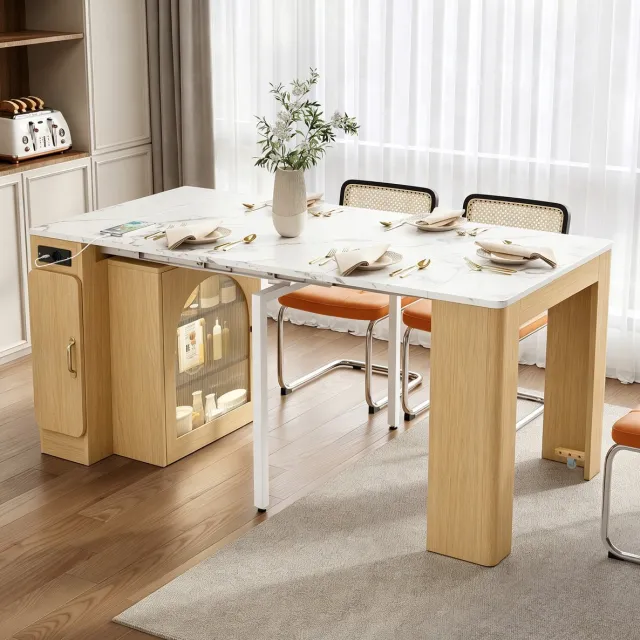 FloraGrace Eettafel - Uitschuifbare Keukeneiland Tafel Met Opbergruimte En Stopcontact - Voor Keuken En Eetkamer - MDF En Glas - Naturel