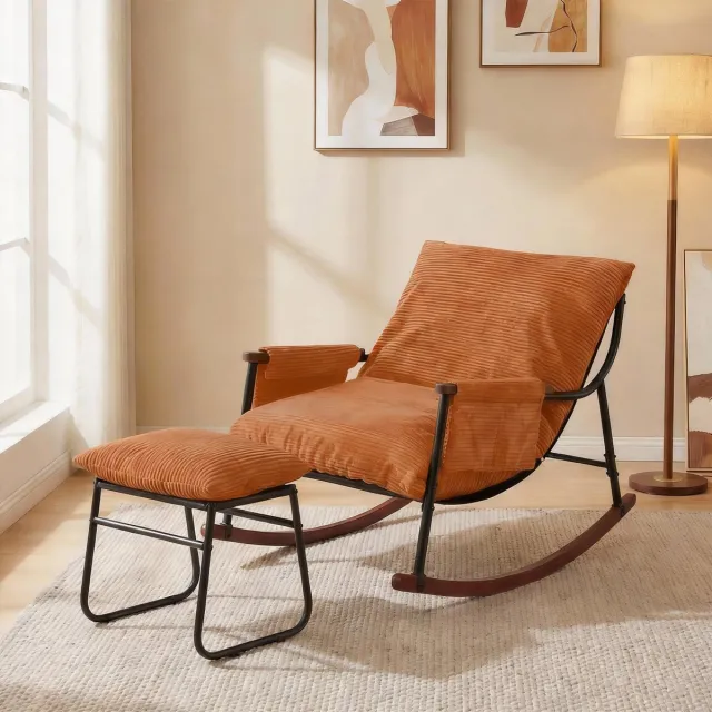 Homemiyn Velvet Striped Fabric Rocking Chair – Caramel – 180kg Capacity – Comfortable Modern Design – Perfect for Living Room, Patio & Bedroom – Ergonomic Rocking Chair Karamel ribfluweel