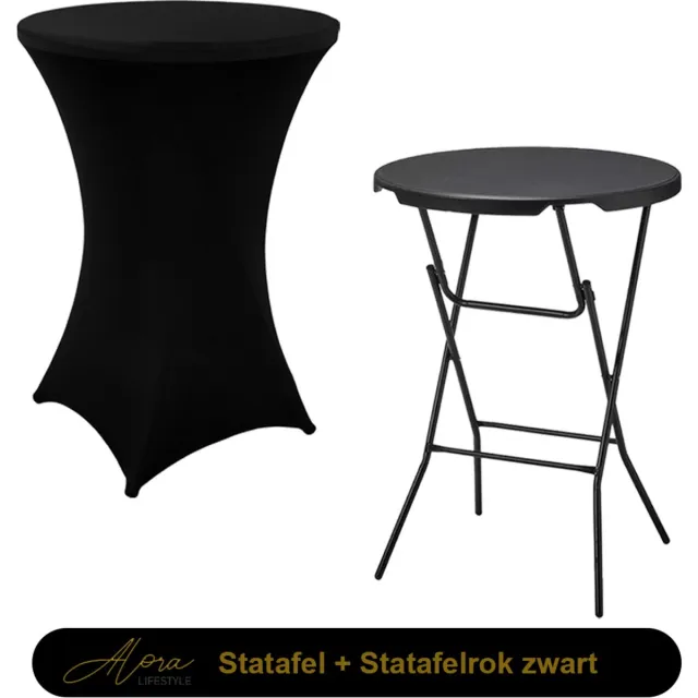 Alora 1x Zwarte Statafel + Zwarte Statafelrok x 1 – ø80 cm x 110 cm hoog - Cocktailtafel - Hoge staan tafel - Breed Blad - Inclusief zwarte Statafelhoes - Staantafelrok Stretch - Bartafel rond - Sta tafel Horeca