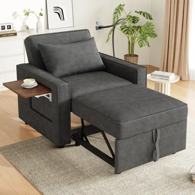 Clruro Slaapbank - 1-zits - Opvouwbare relaxstoel met USB en telefoonhouder - Corduroy - Grijs