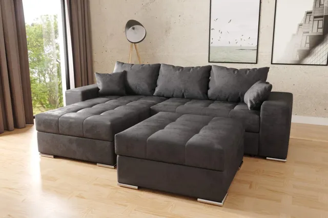 Seatsandbeds hoekbank josua L + poef- vintage zwart- met opbergruimte en slaapfunctie-seatsandbeds