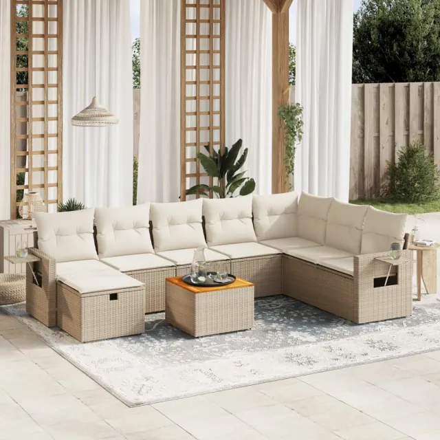 vidaXL 9-delige Loungeset met kussens poly rattan beige, foto 2