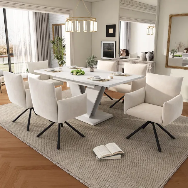 STILVORA Eettafel - Uitschuifbaar Voor 4 Tot 8 Personen - Rechthoekig Met V Vormige Metalen Poten - MDF - Wit - 120 160x80 Cm