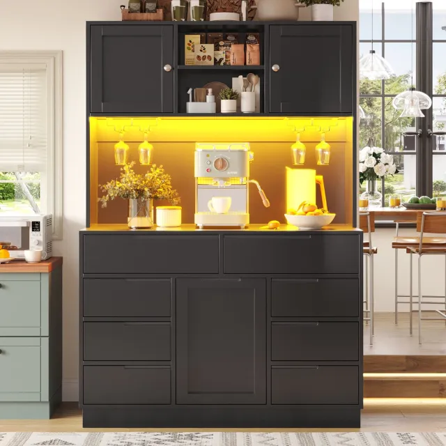 REDOM Keukenkast - Met Ledverlichting En 8 Laden - Modern - Voor De Keuken - MDF - Zwart - 120 X 40 X 183,5 Cm
