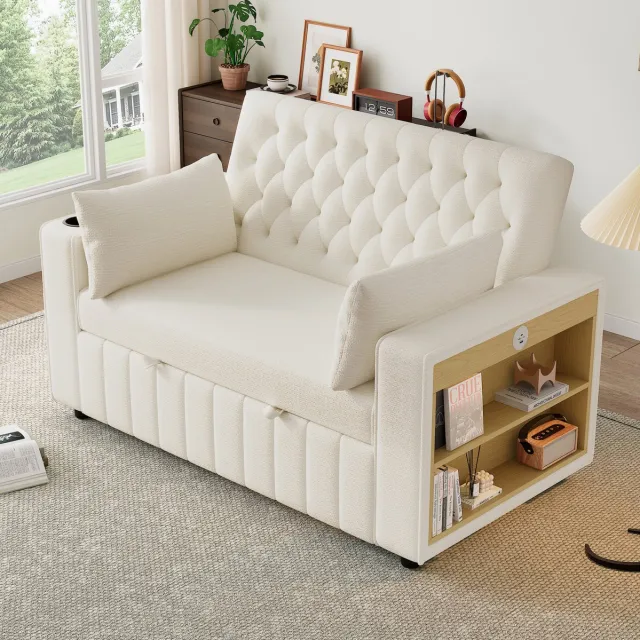 HAUSS SPOLE Slaapbank - 2-Zits Bank Met Slaapfunctie, USB, Bekerhouder En Opbergruimte - Voor Woonkamer En Logeerkamer - Chenille Beige