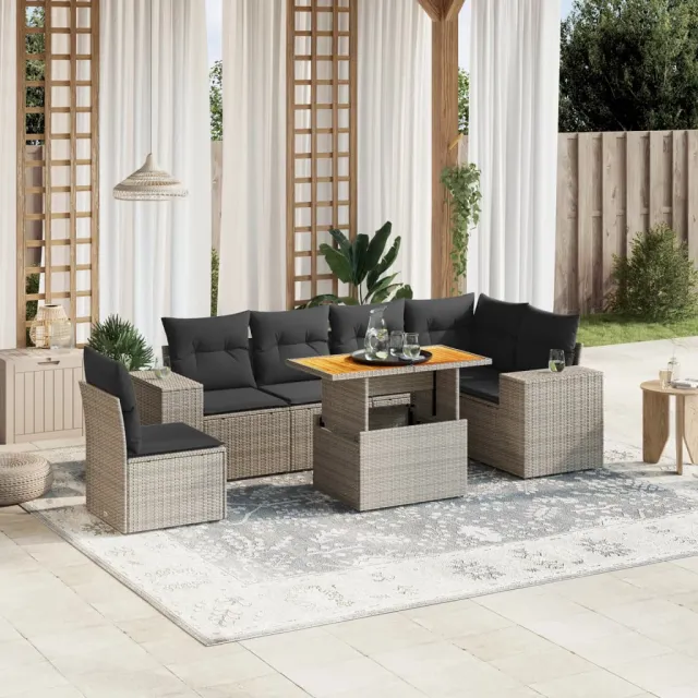 vidaXL 7-delige Loungeset met kussens poly rattan grijs, foto 2