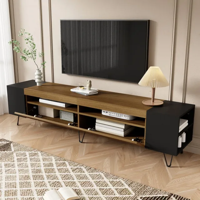 MODENUIT Tv-Meubel - 2 Deuren En Open Vakken - Voor Woonkamer En Mediaopslag - Zwart En Houtkleur - 180x36x43 Cm