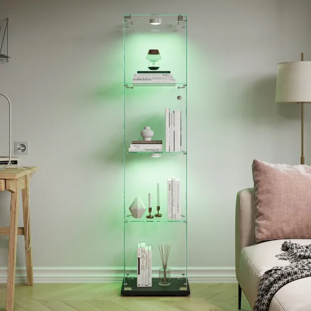 ROSAHQNDA LED-vitrinekast met glazen deuren, één deur, afsluitbaar met vier lagen, geschikt voor de woonkamer, voor verzamelobjecten, boeken of als wijnkast - zwarte LED-stripverlichting