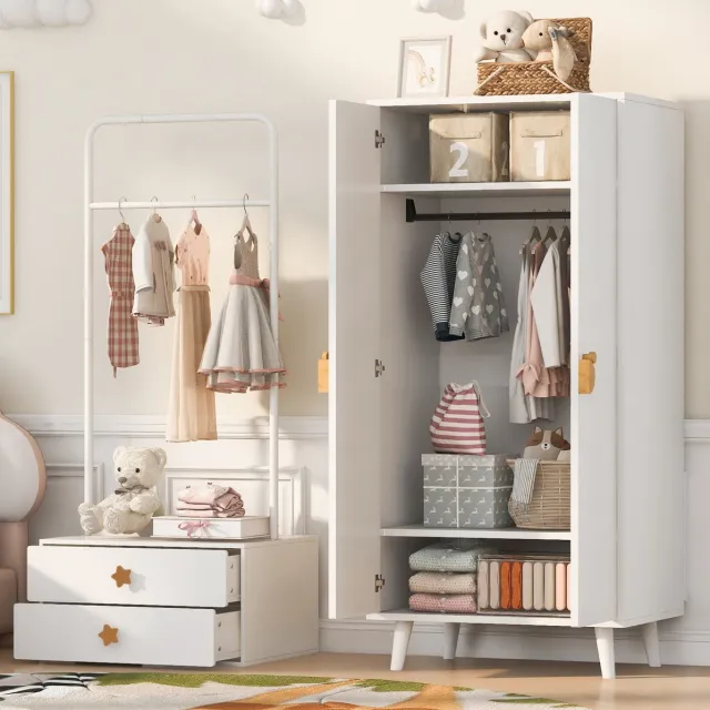 COVREO Kledingkast 70x55x170 cm wit MDF, dubbele deuren met 2 lades Wit / houtkleur