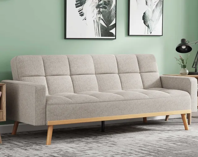 Rousseau Adana Slaapbank 3-zits – Beige Stof – Uitklapbaar tot Bed 188x106 cm – Koudschuim – 214 cm