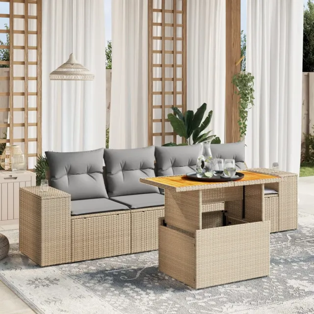 vidaXL 5-delige Loungeset met kussens poly rattan beige, foto 2